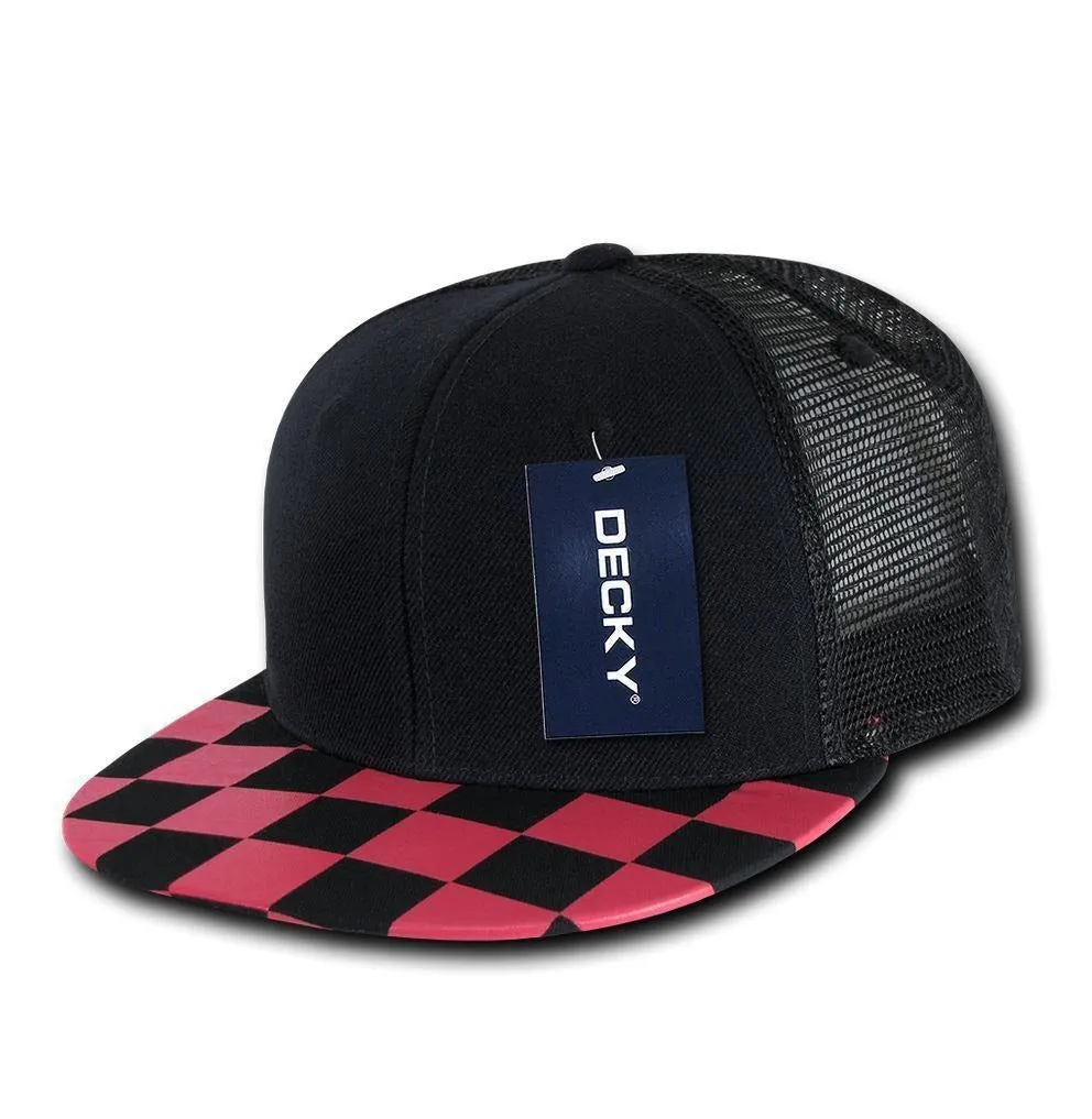1 Dozen Decky 6 Panel Flat Bill Checkered Trucker Race Flag Hats Caps Wholesale Lots