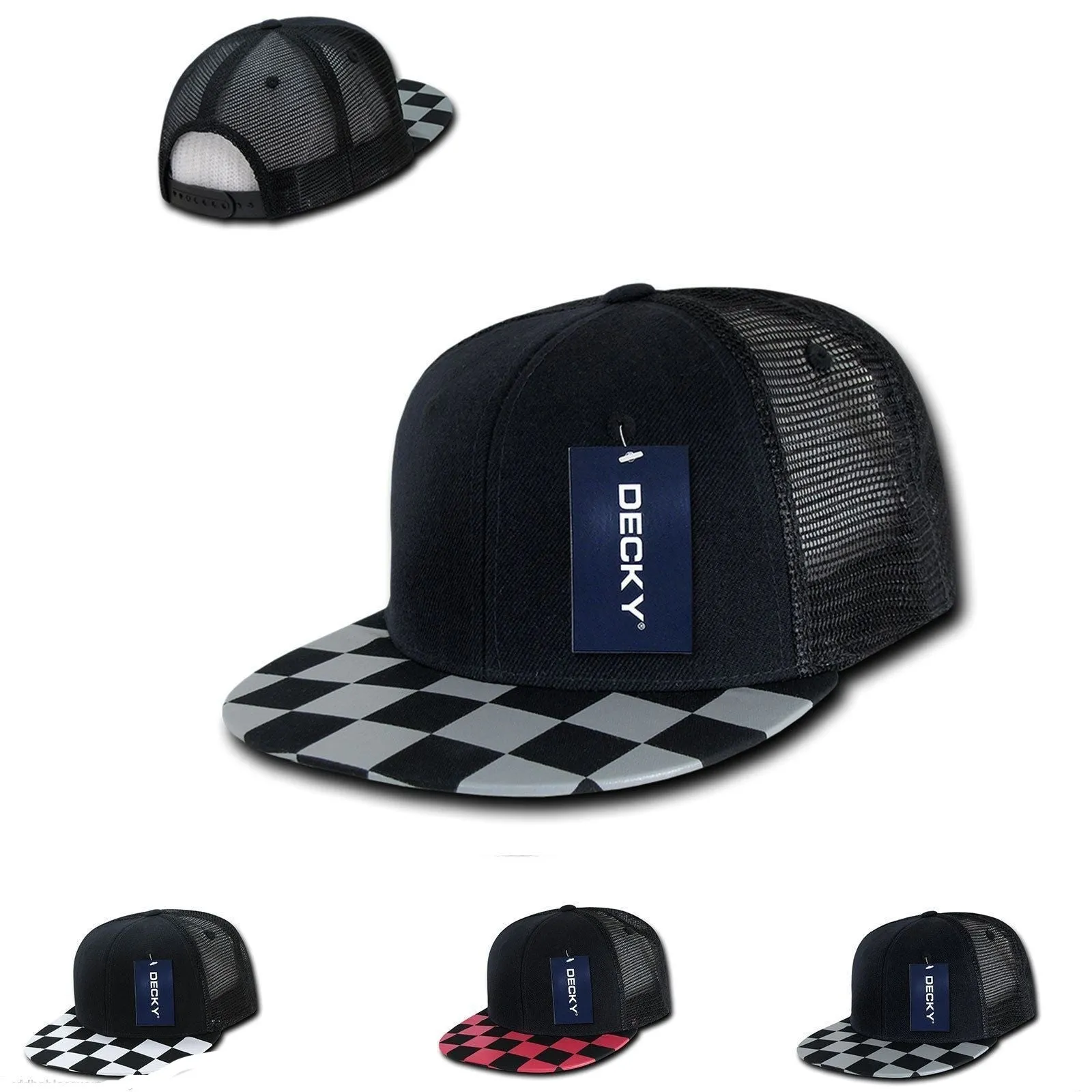 1 Dozen Decky 6 Panel Flat Bill Checkered Trucker Race Flag Hats Caps Wholesale Lots