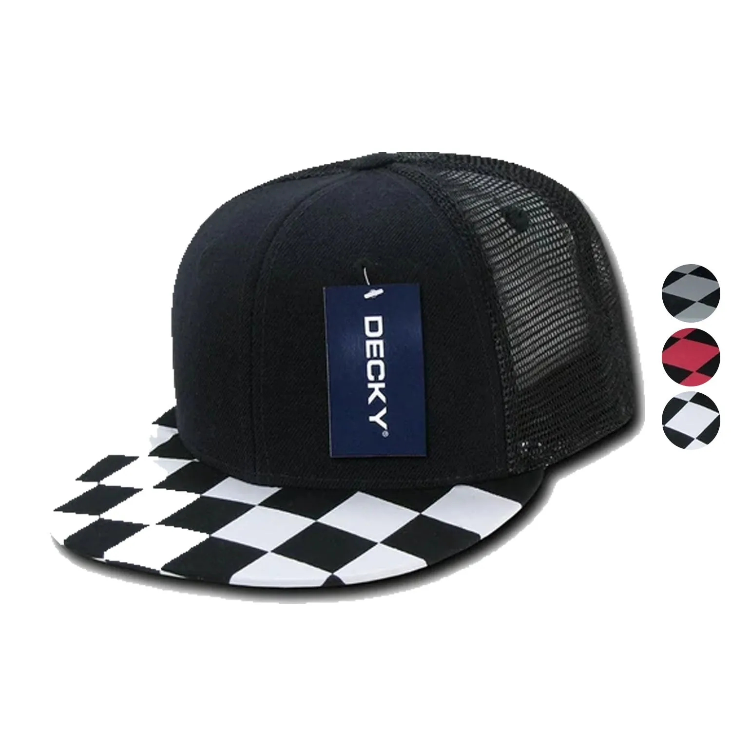 1 Dozen Decky 6 Panel Flat Bill Checkered Trucker Race Flag Hats Caps Wholesale Lots