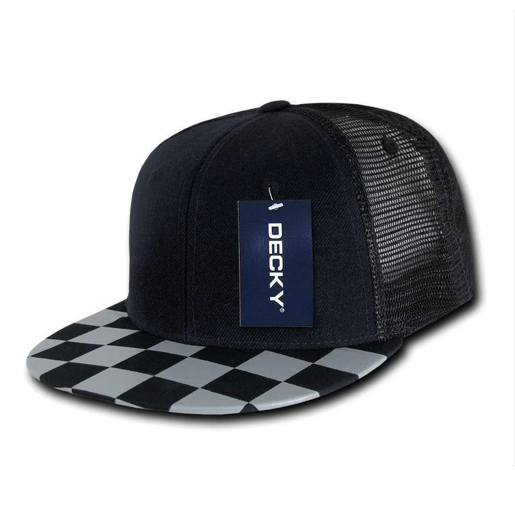 1 Dozen Decky 6 Panel Flat Bill Checkered Trucker Race Flag Hats Caps Wholesale Lots