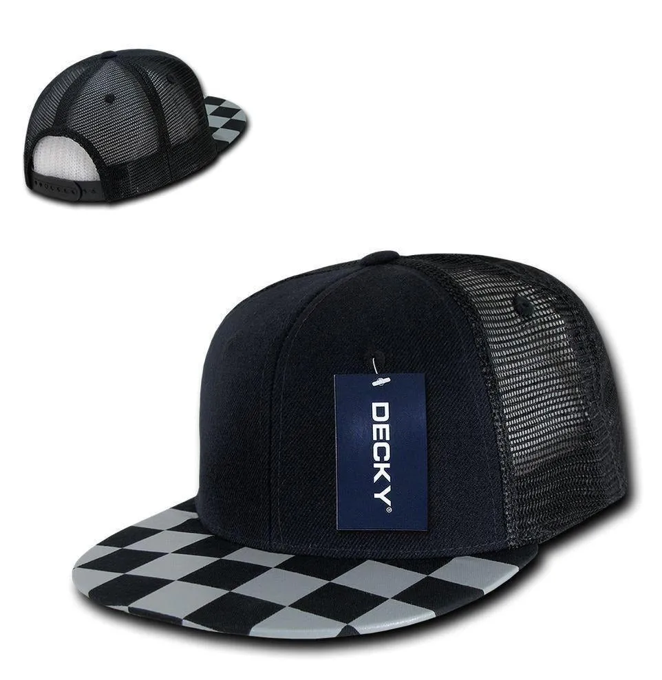 1 Dozen Decky 6 Panel Flat Bill Checkered Trucker Race Flag Hats Caps Wholesale Lots