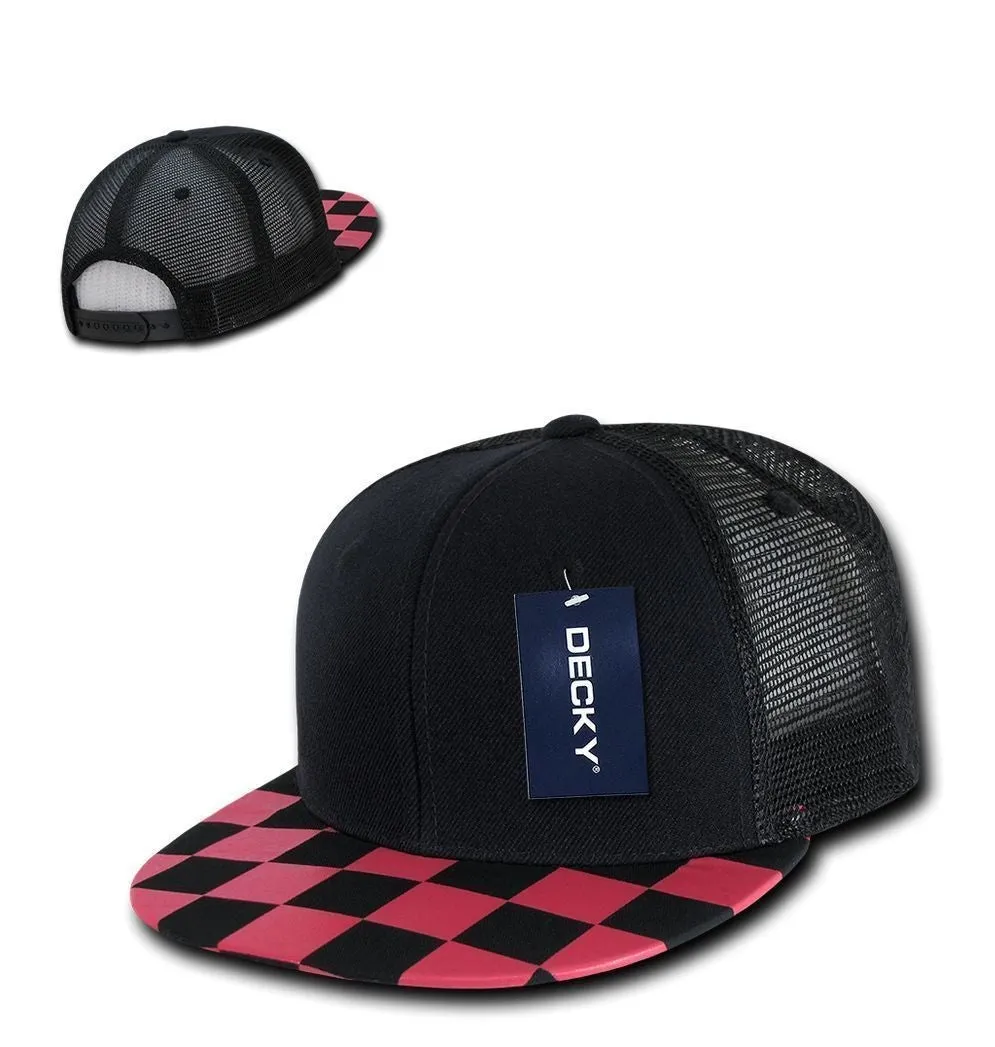 1 Dozen Decky 6 Panel Flat Bill Checkered Trucker Race Flag Hats Caps Wholesale Lots