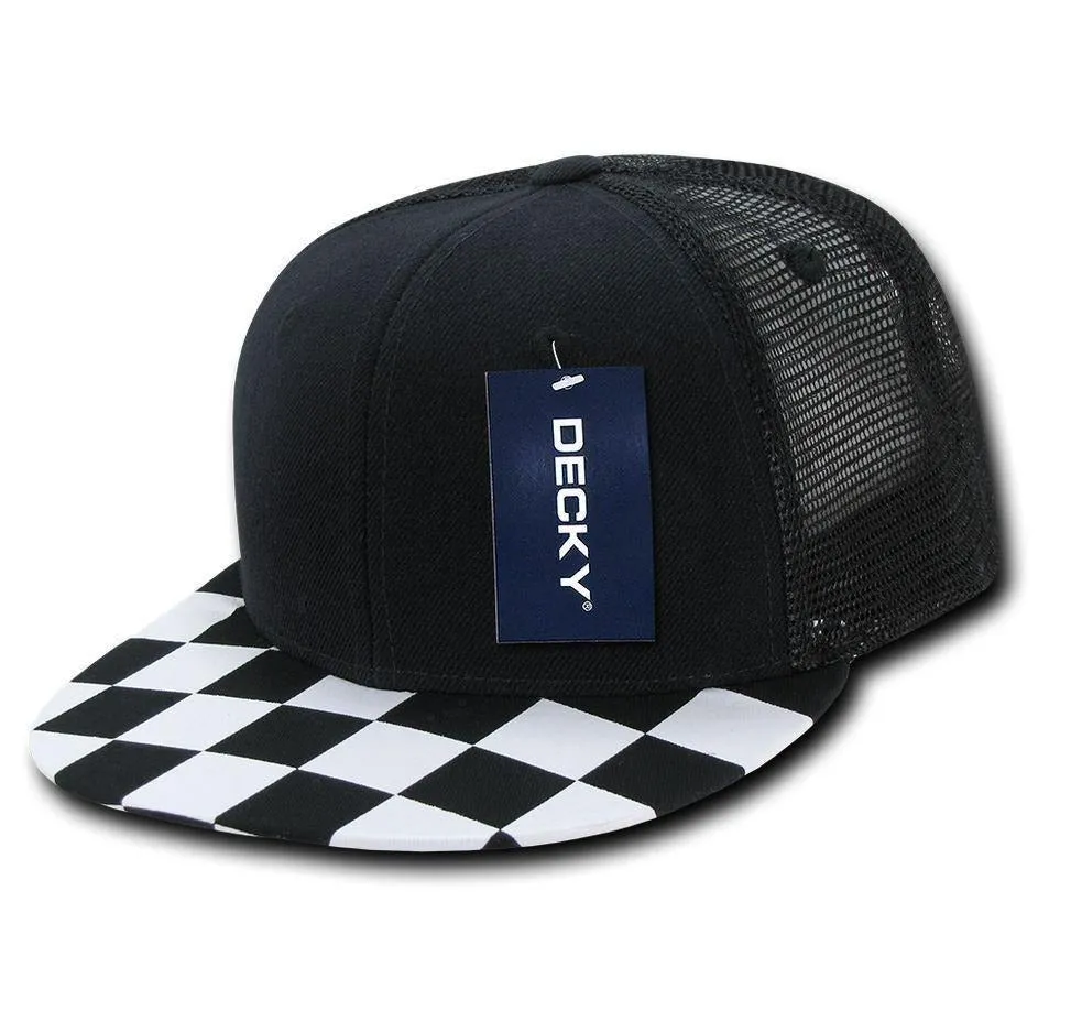 1 Dozen Decky 6 Panel Flat Bill Checkered Trucker Race Flag Hats Caps Wholesale Lots