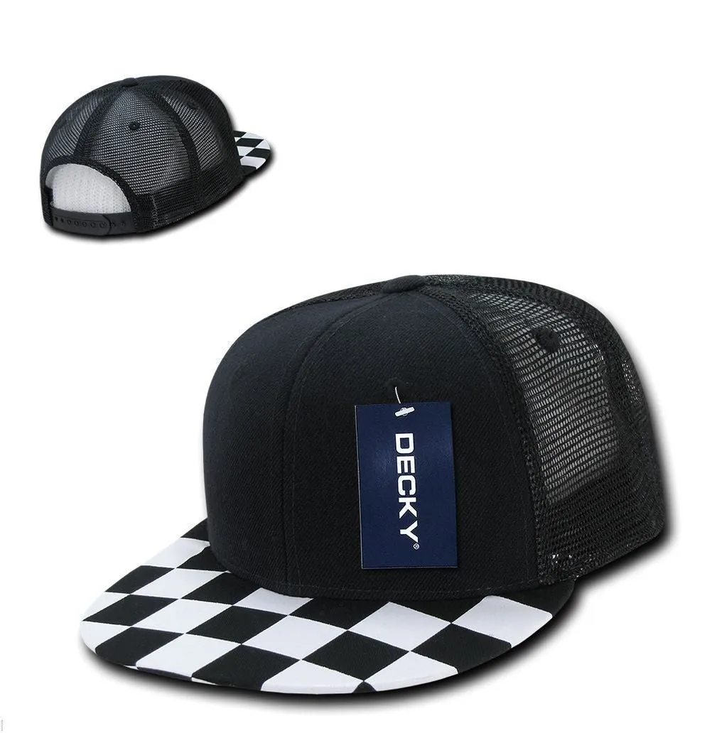 1 Dozen Decky 6 Panel Flat Bill Checkered Trucker Race Flag Hats Caps Wholesale Lots