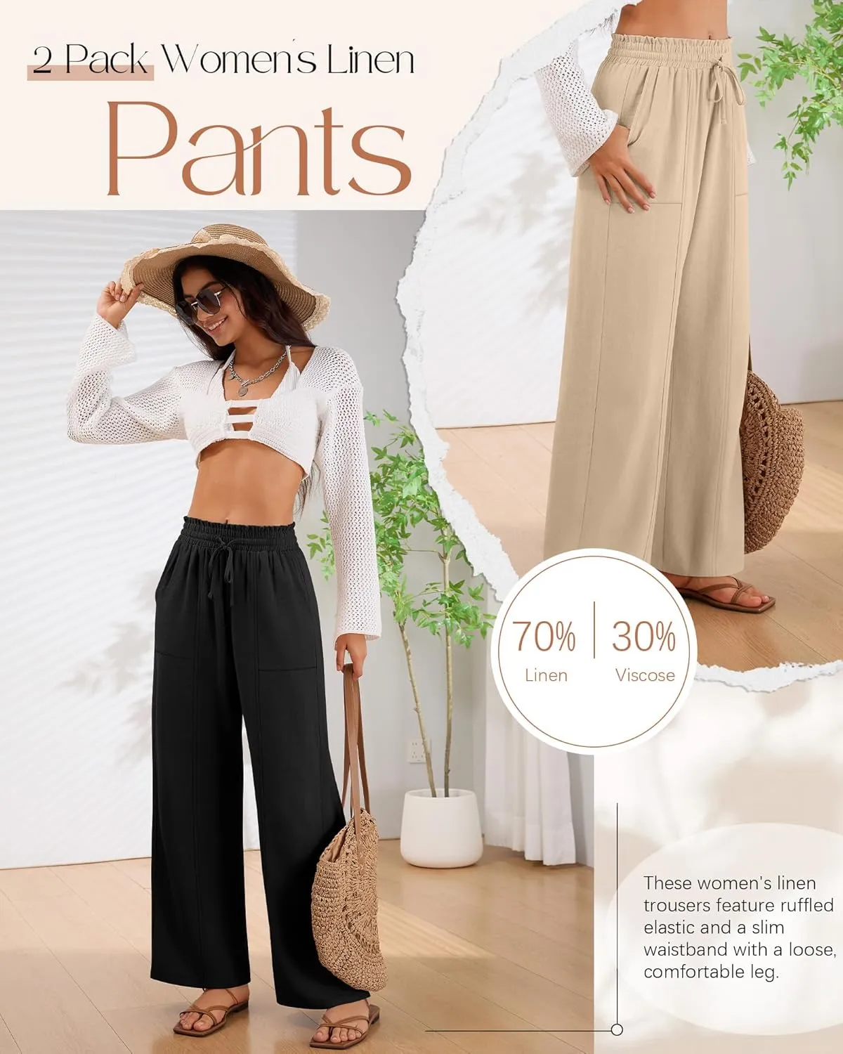 2 Pack Women's Linen Pants Summer Wide Leg Drawstring Elastic Waist Pant Casual Loose Fit Beach Trousers with Pockets