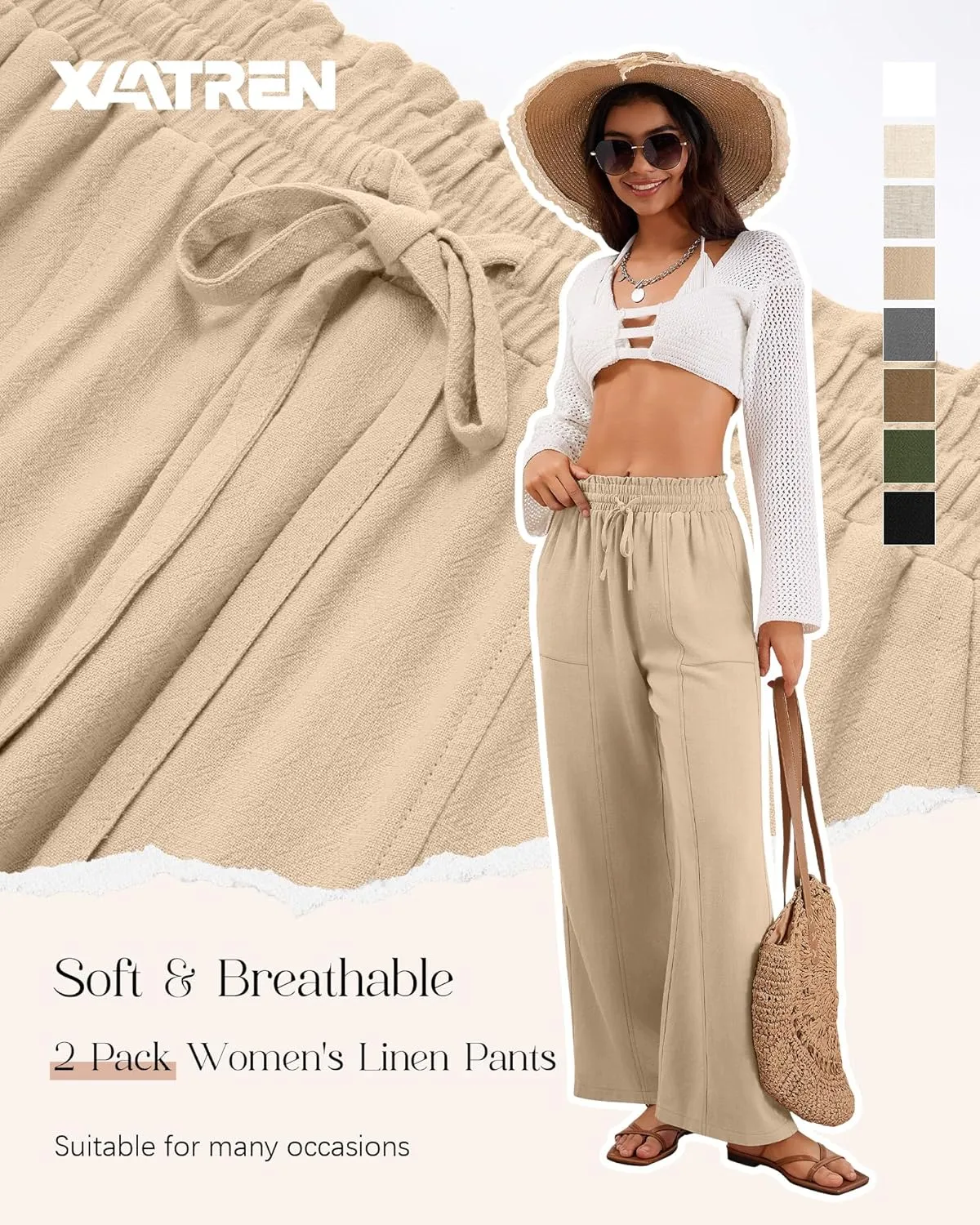 2 Pack Women's Linen Pants Summer Wide Leg Drawstring Elastic Waist Pant Casual Loose Fit Beach Trousers with Pockets