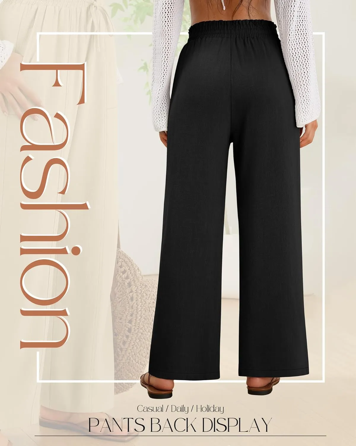 2 Pack Women's Linen Pants Summer Wide Leg Drawstring Elastic Waist Pant Casual Loose Fit Beach Trousers with Pockets