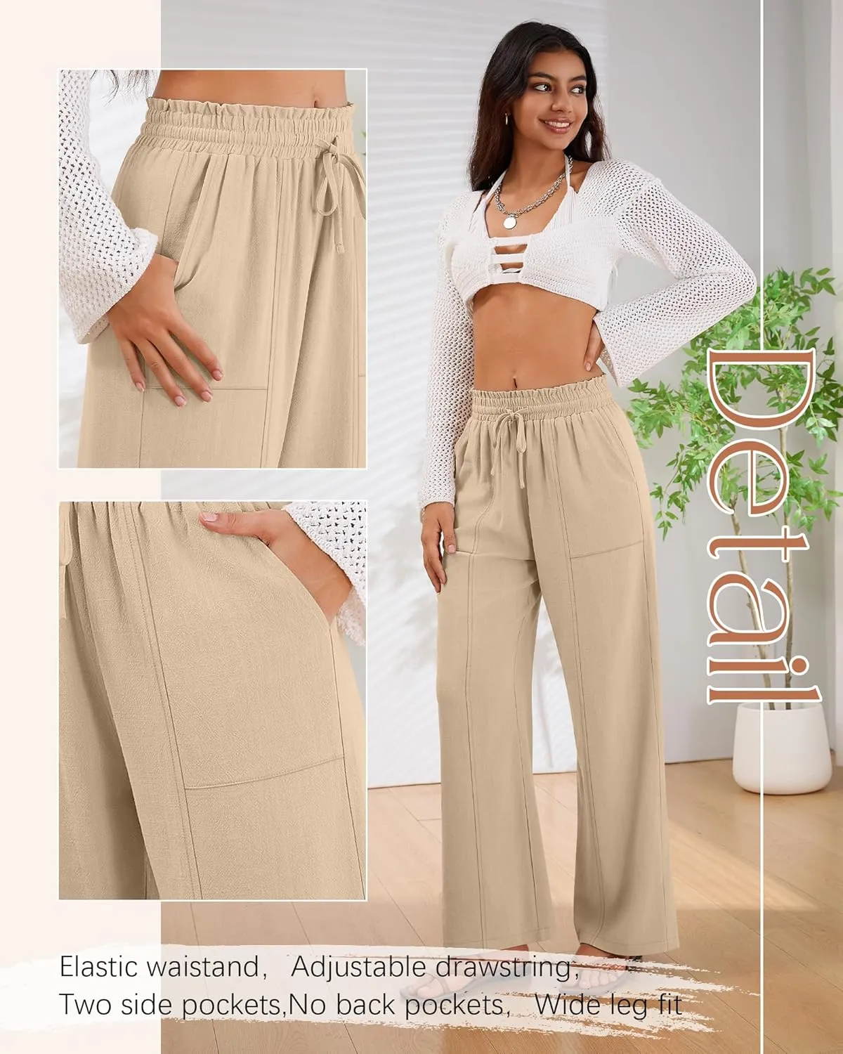 2 Pack Women's Linen Pants Summer Wide Leg Drawstring Elastic Waist Pant Casual Loose Fit Beach Trousers with Pockets