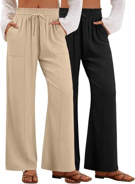 2 Pack Women's Linen Pants Summer Wide Leg Drawstring Elastic Waist Pant Casual Loose Fit Beach Trousers with Pockets
