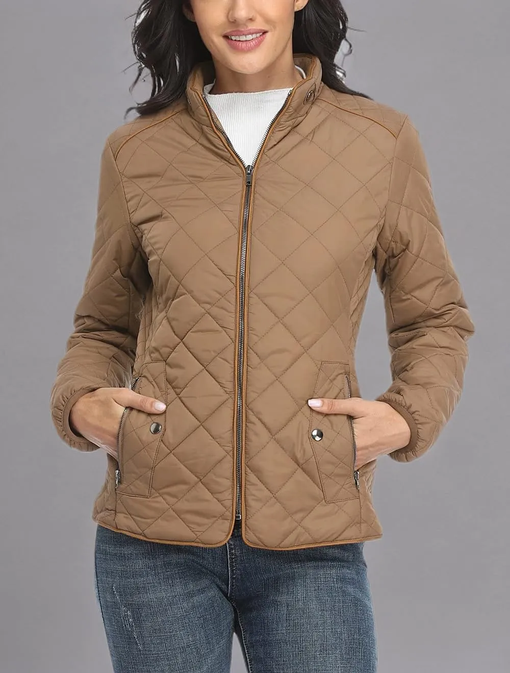 Anienaya Women's Lightweight Quilted Jacket Stand Collar Zip Warm Winter Coat Outwear w 2 Pockets