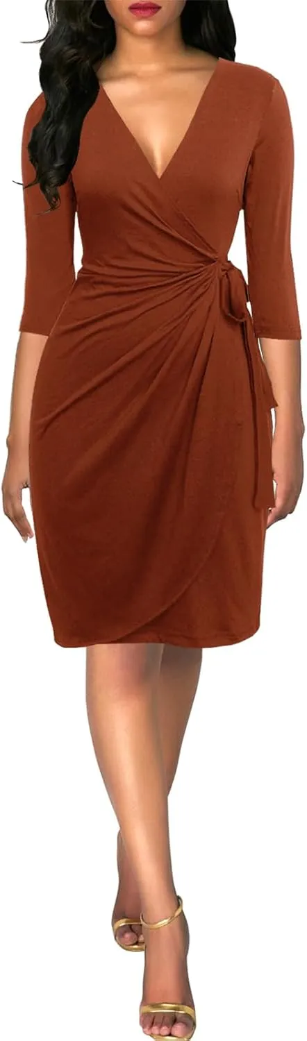 Berydress Women's Classic 3/4 Sleeve V Neck Sheath Casual Party Work Faux Black Wrap Dress