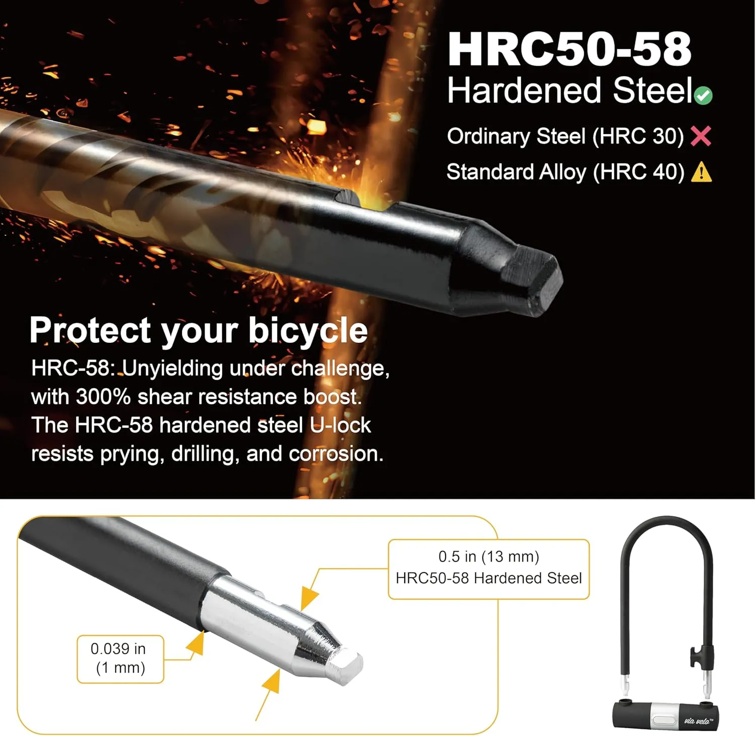Bike U Lock with Cable | Via Velo Heavy Duty Anti-Theft Bicycle U Lock Sold Secure Silver 15mm Shackle Inner Dim 9 x 4.5 in with 10mm x 6Ft Length Cable Security Lock for Bike Electric Bike Scooter