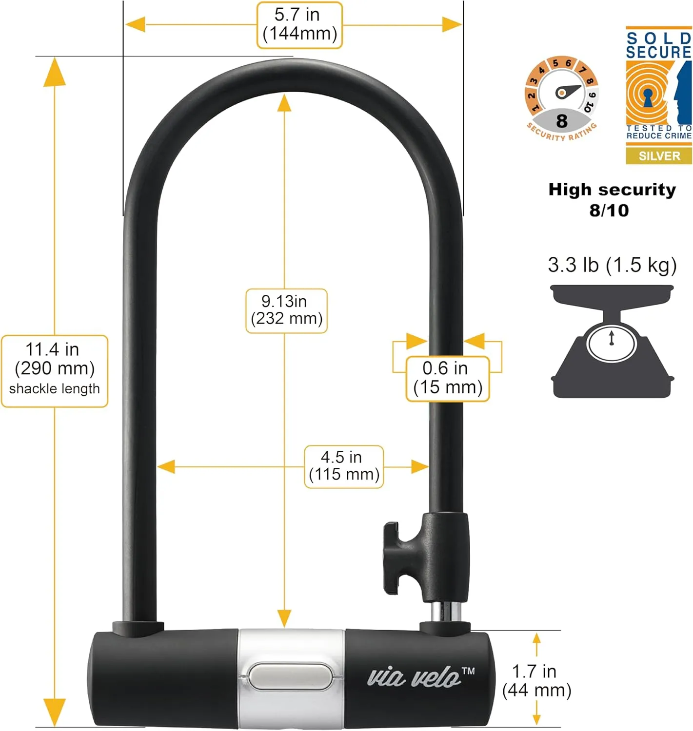 Bike U Lock with Cable | Via Velo Heavy Duty Anti-Theft Bicycle U Lock Sold Secure Silver 15mm Shackle Inner Dim 9 x 4.5 in with 10mm x 6Ft Length Cable Security Lock for Bike Electric Bike Scooter