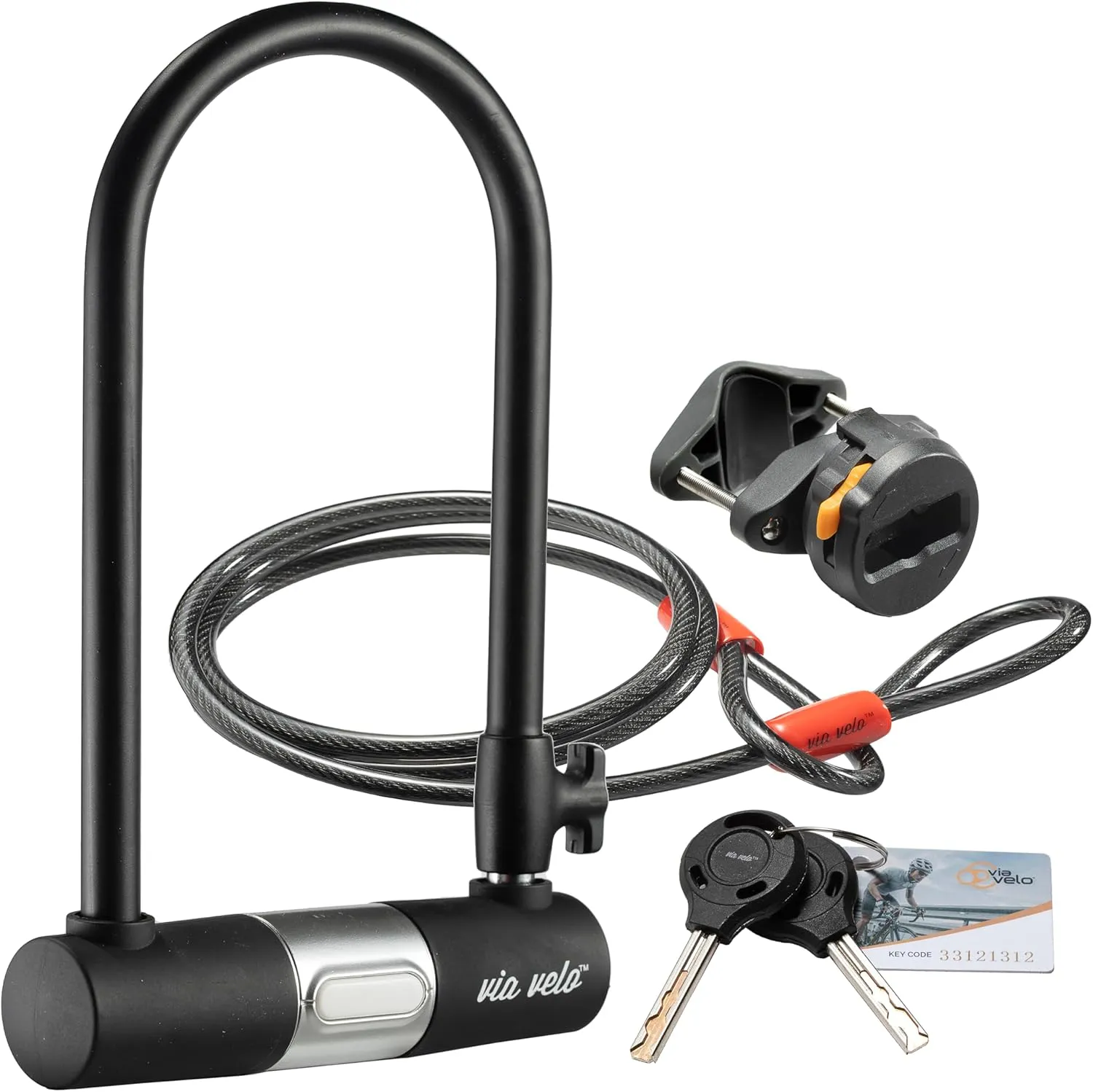 Bike U Lock with Cable | Via Velo Heavy Duty Anti-Theft Bicycle U Lock Sold Secure Silver 15mm Shackle Inner Dim 9 x 4.5 in with 10mm x 6Ft Length Cable Security Lock for Bike Electric Bike Scooter