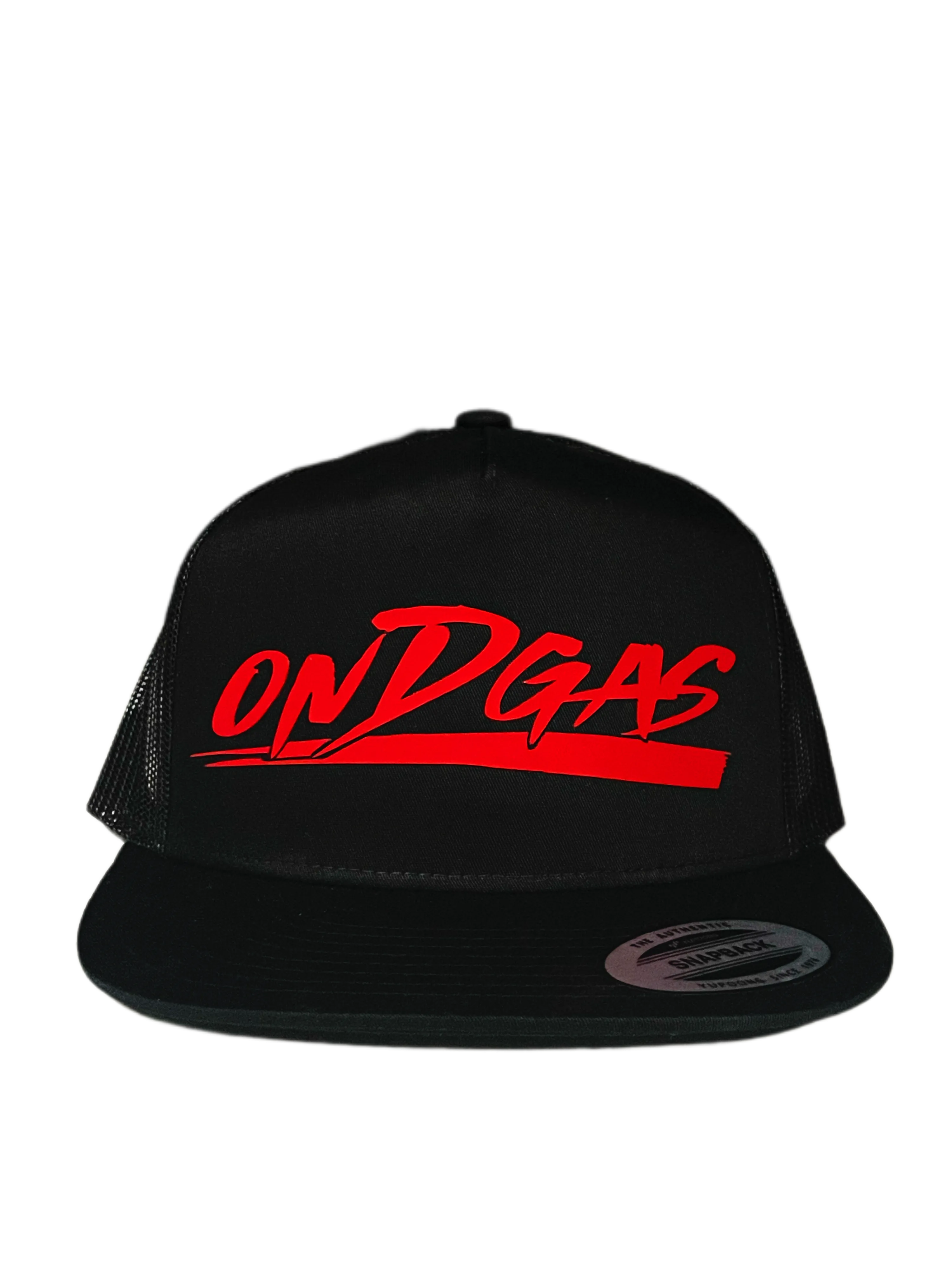 Black ONDGAS Snapback with red rubber ONDGAS logo