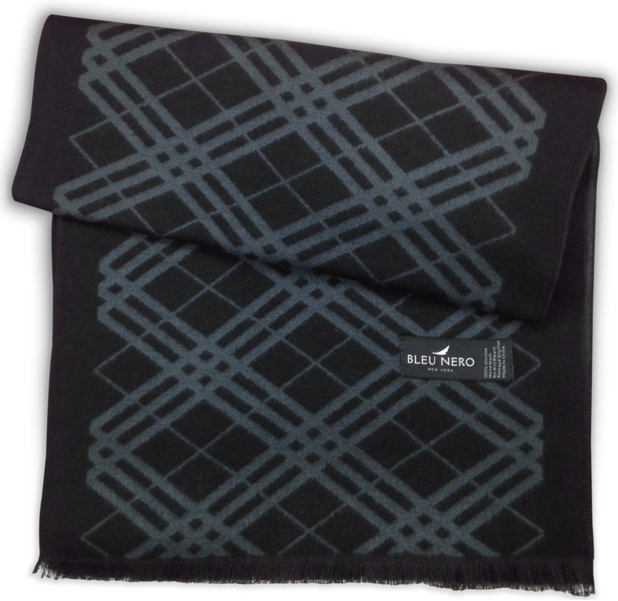 Bleu Nero Luxurious Winter Scarf Premium Cashmere Feel Unique Design Selection Black/Blue-grey Diagonal Plaid   Border