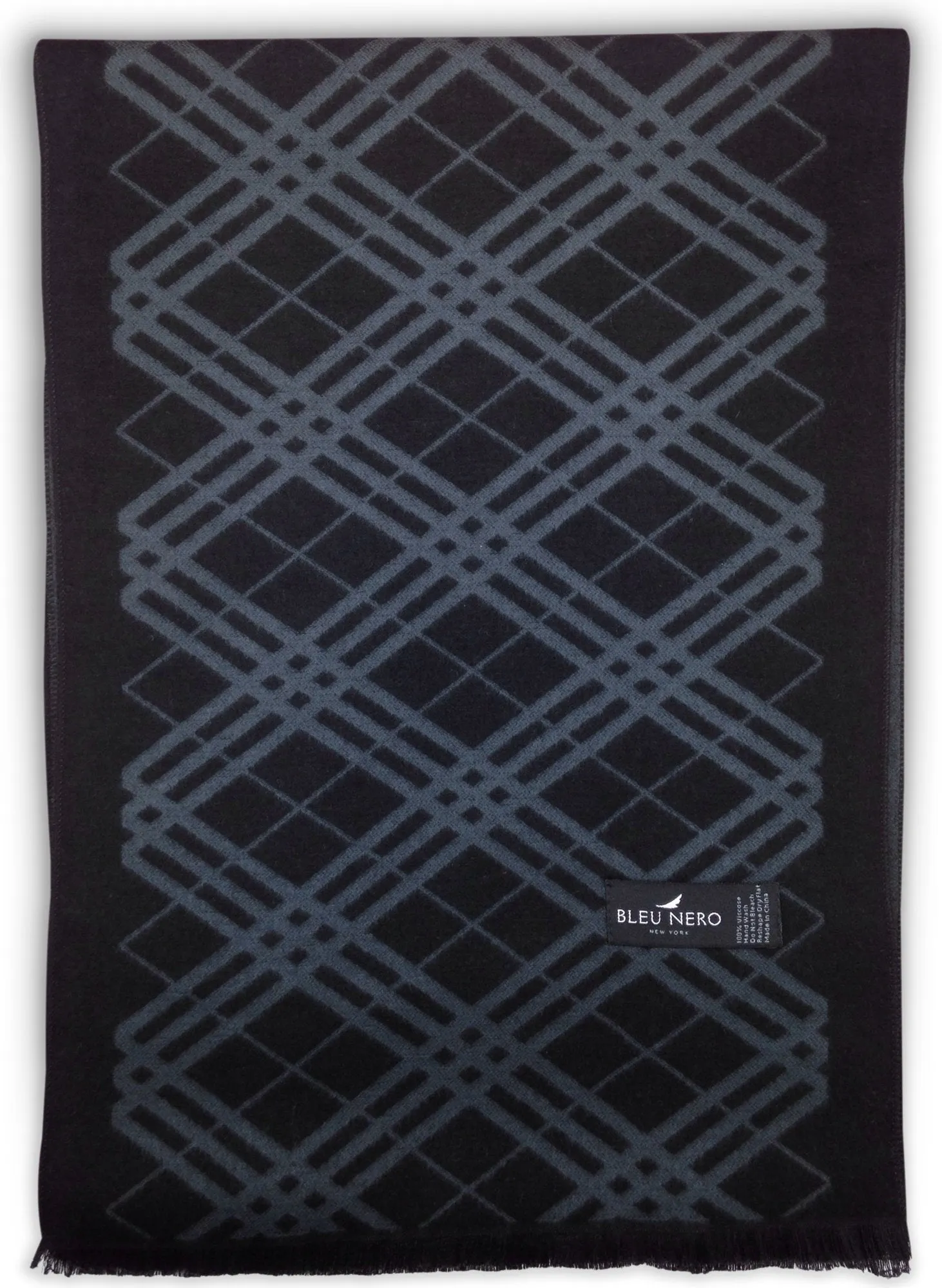 Bleu Nero Luxurious Winter Scarf Premium Cashmere Feel Unique Design Selection Black/Blue-grey Diagonal Plaid   Border