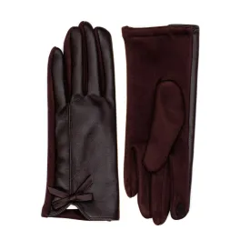 Brown Faux Leather Gloves with Bow