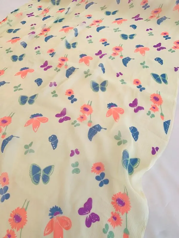 Butterfly and Floral Printed Silk Chiffon - Butter Yellow / Coral / Blue / Purple