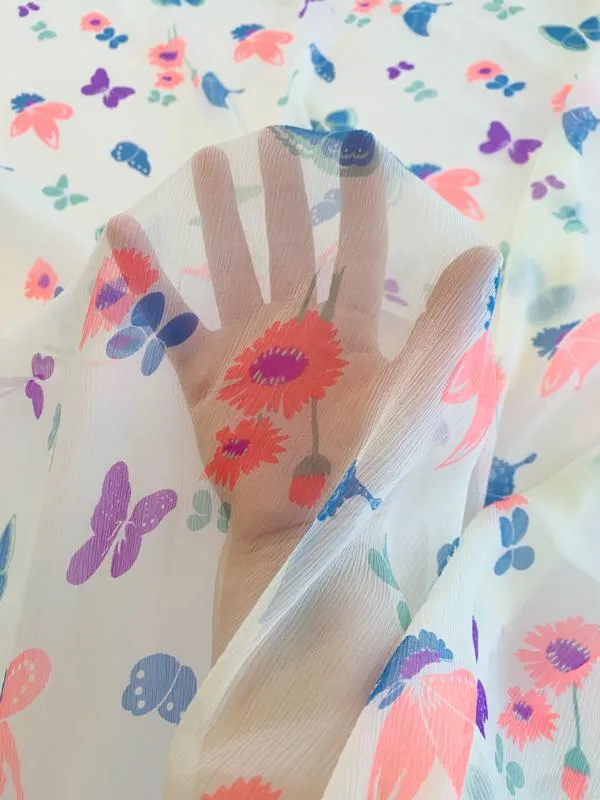 Butterfly and Floral Printed Silk Chiffon - Butter Yellow / Coral / Blue / Purple