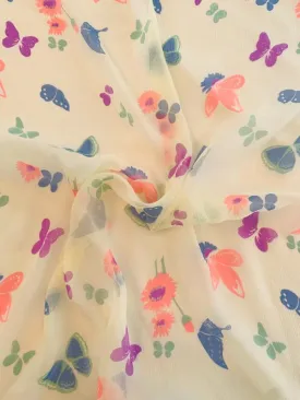 Butterfly and Floral Printed Silk Chiffon - Butter Yellow / Coral / Blue / Purple