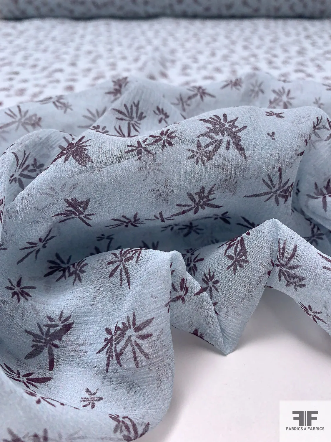 Dainty Floral Printed Crinkled Silk Chiffon - Dusty Light Aqua / Purple