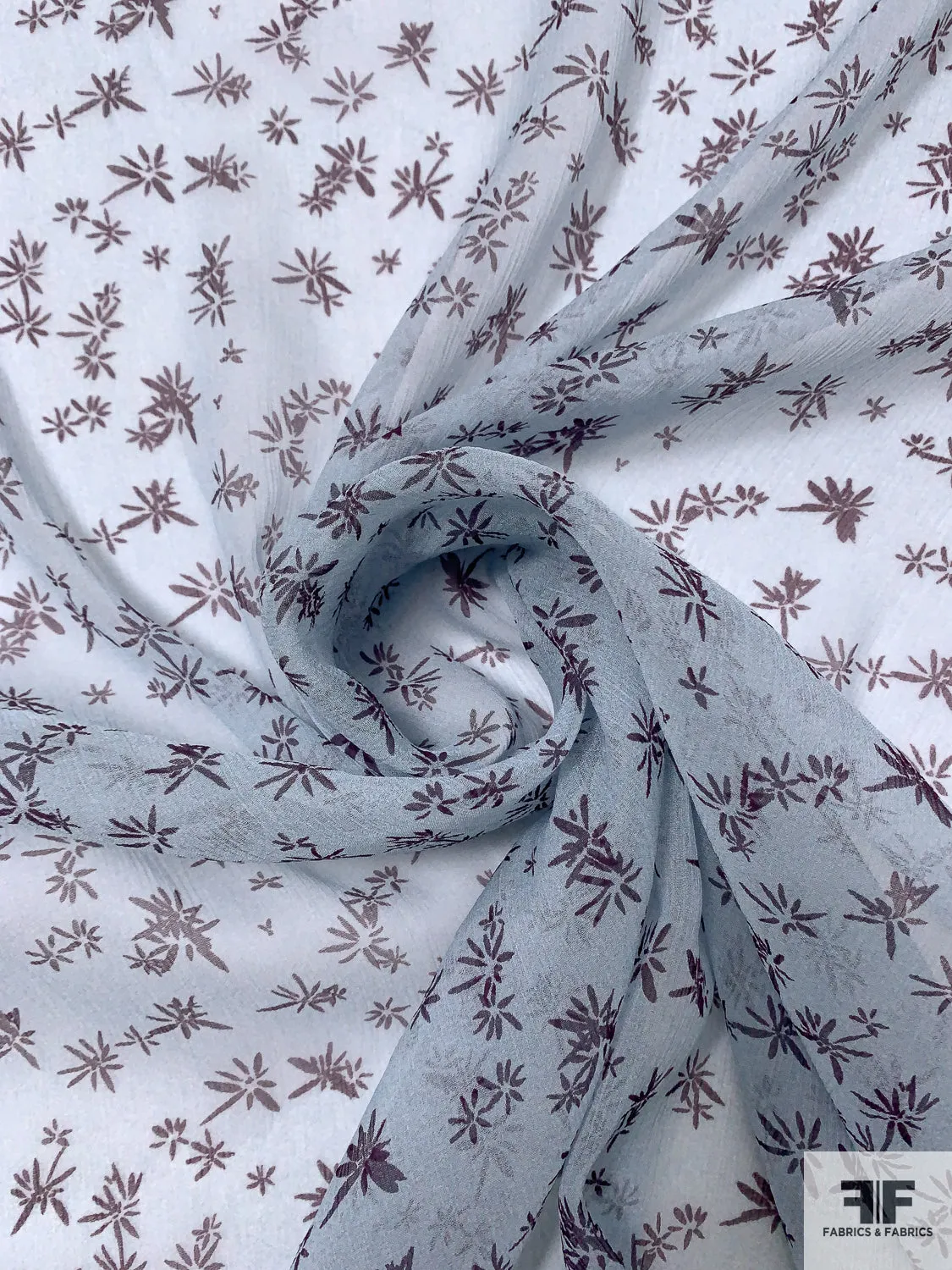 Dainty Floral Printed Crinkled Silk Chiffon - Dusty Light Aqua / Purple