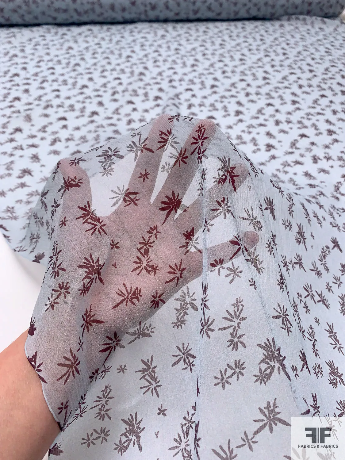 Dainty Floral Printed Crinkled Silk Chiffon - Dusty Light Aqua / Purple