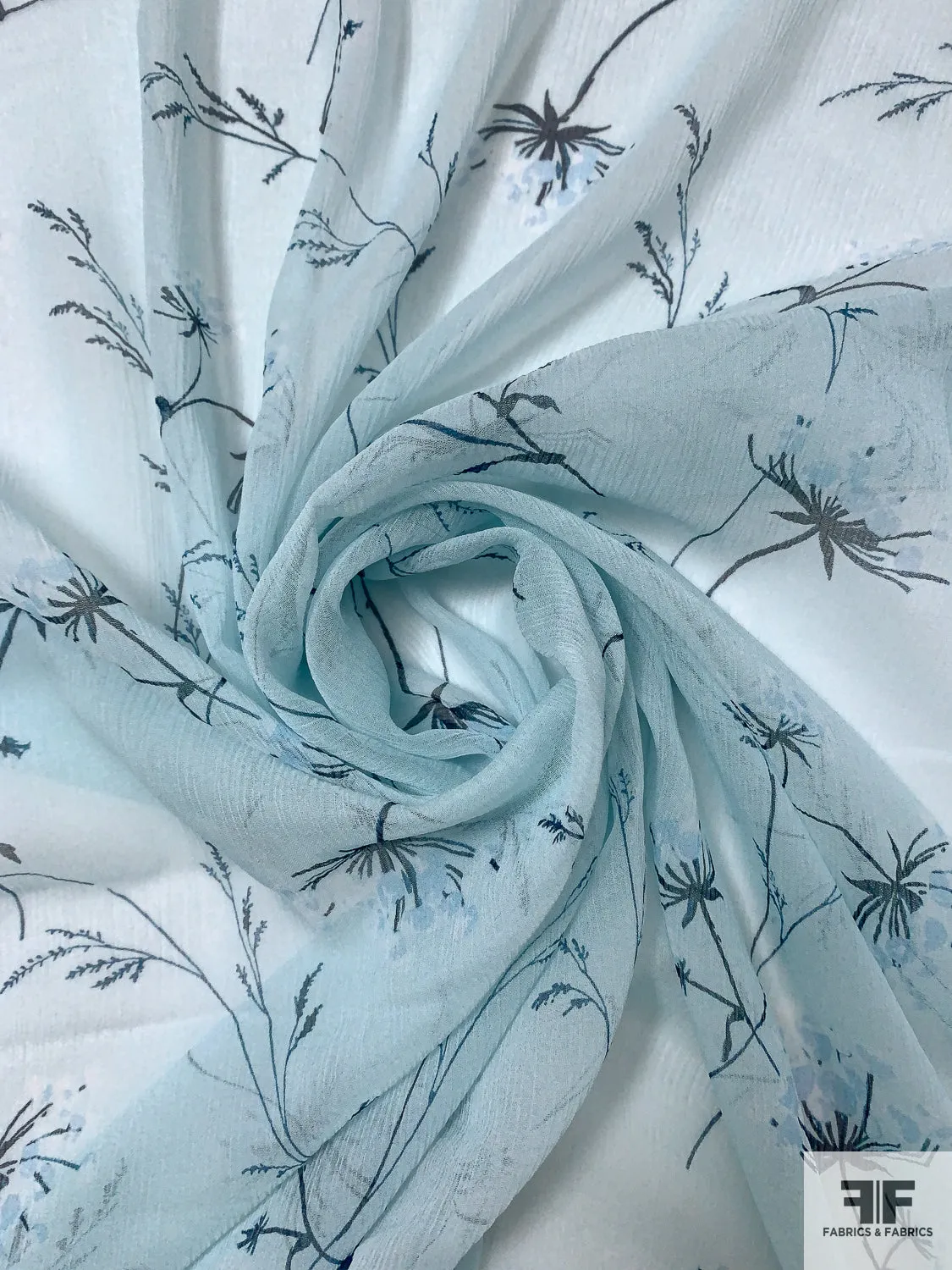 Delicate Floral Printed Crinkled Silk Chiffon - Frosty Aquamarine / Dark Teal
