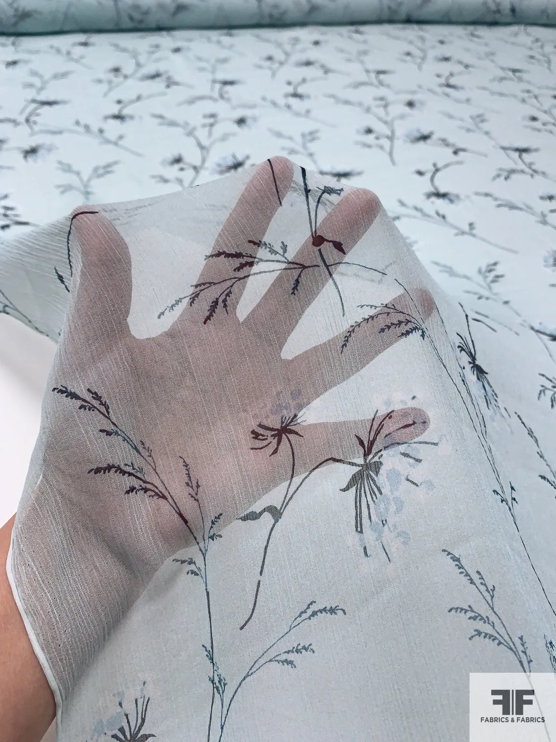 Delicate Floral Printed Crinkled Silk Chiffon - Frosty Aquamarine / Dark Teal