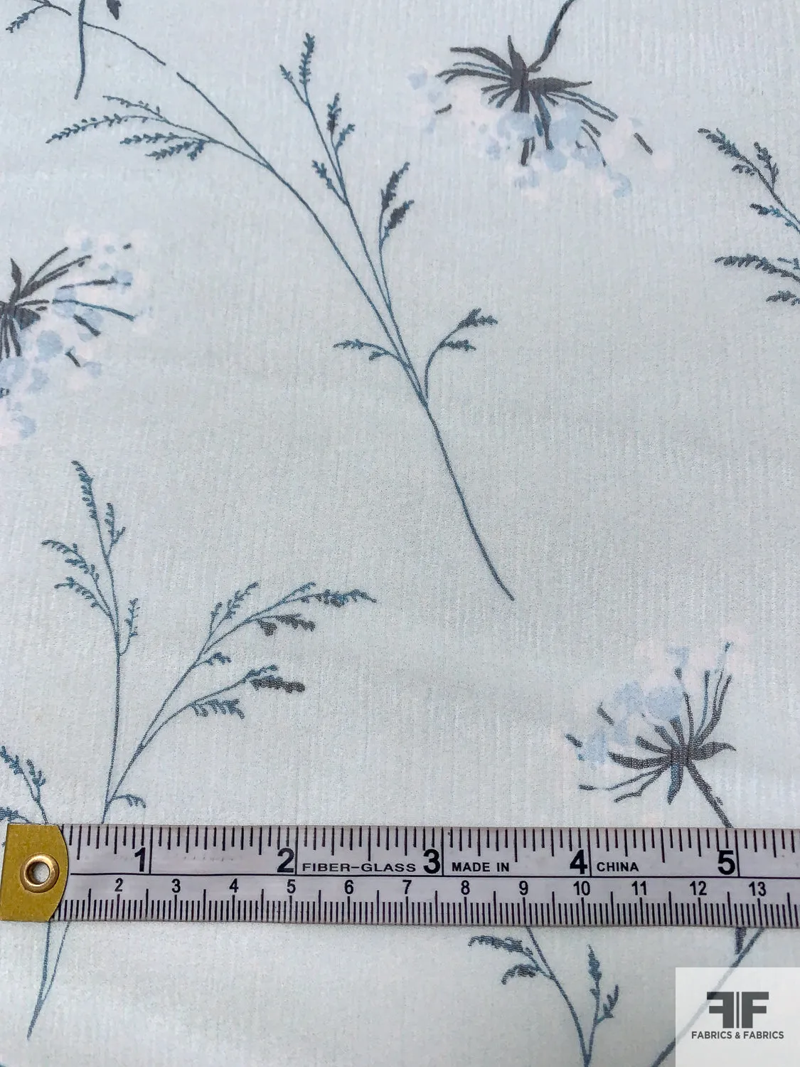 Delicate Floral Printed Crinkled Silk Chiffon - Frosty Aquamarine / Dark Teal