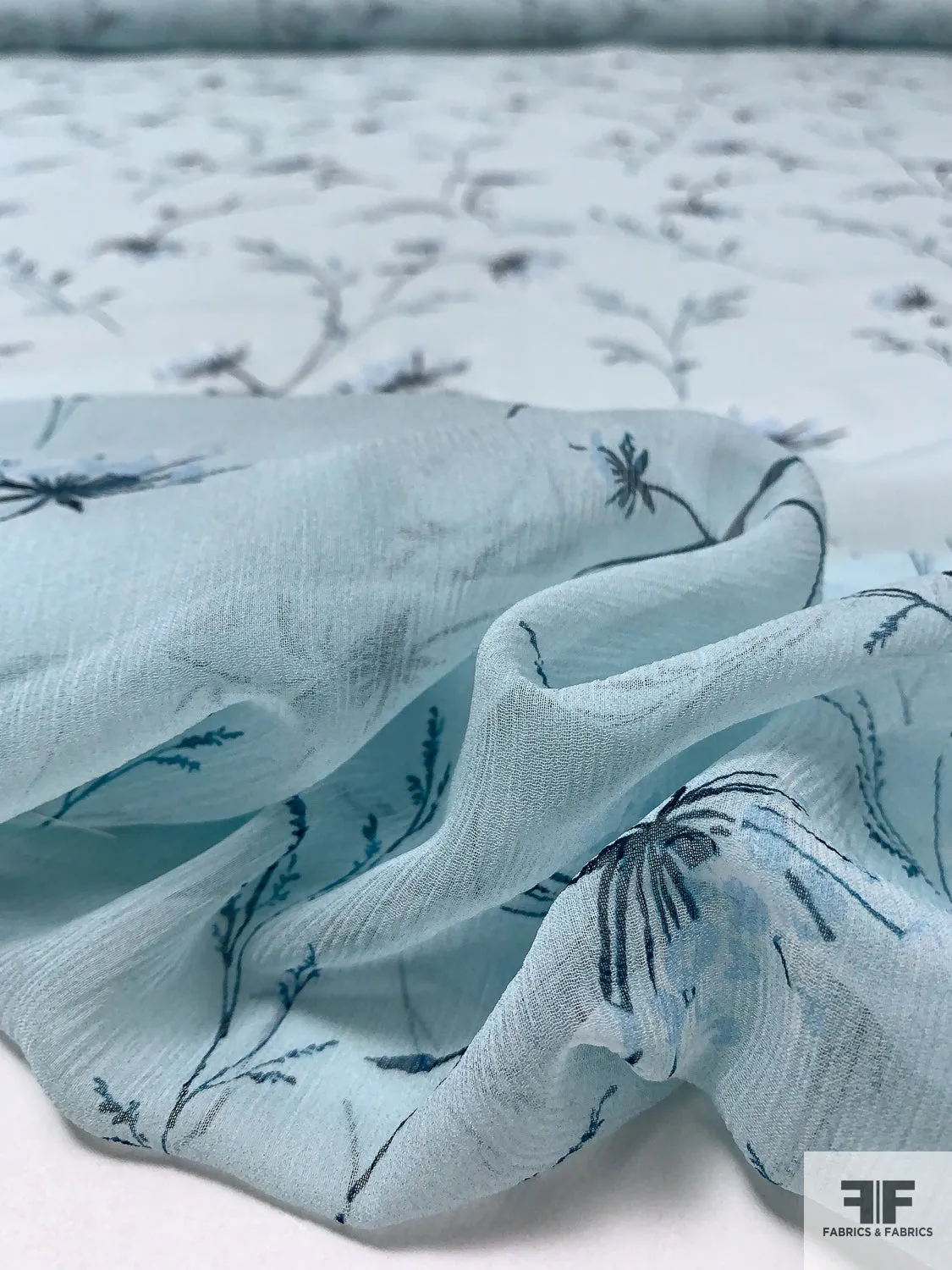 Delicate Floral Printed Crinkled Silk Chiffon - Frosty Aquamarine / Dark Teal