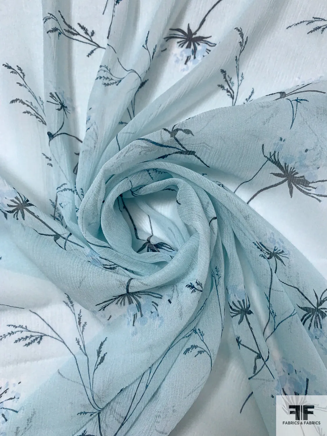 Delicate Floral Printed Crinkled Silk Chiffon - Frosty Aquamarine / Dark Teal