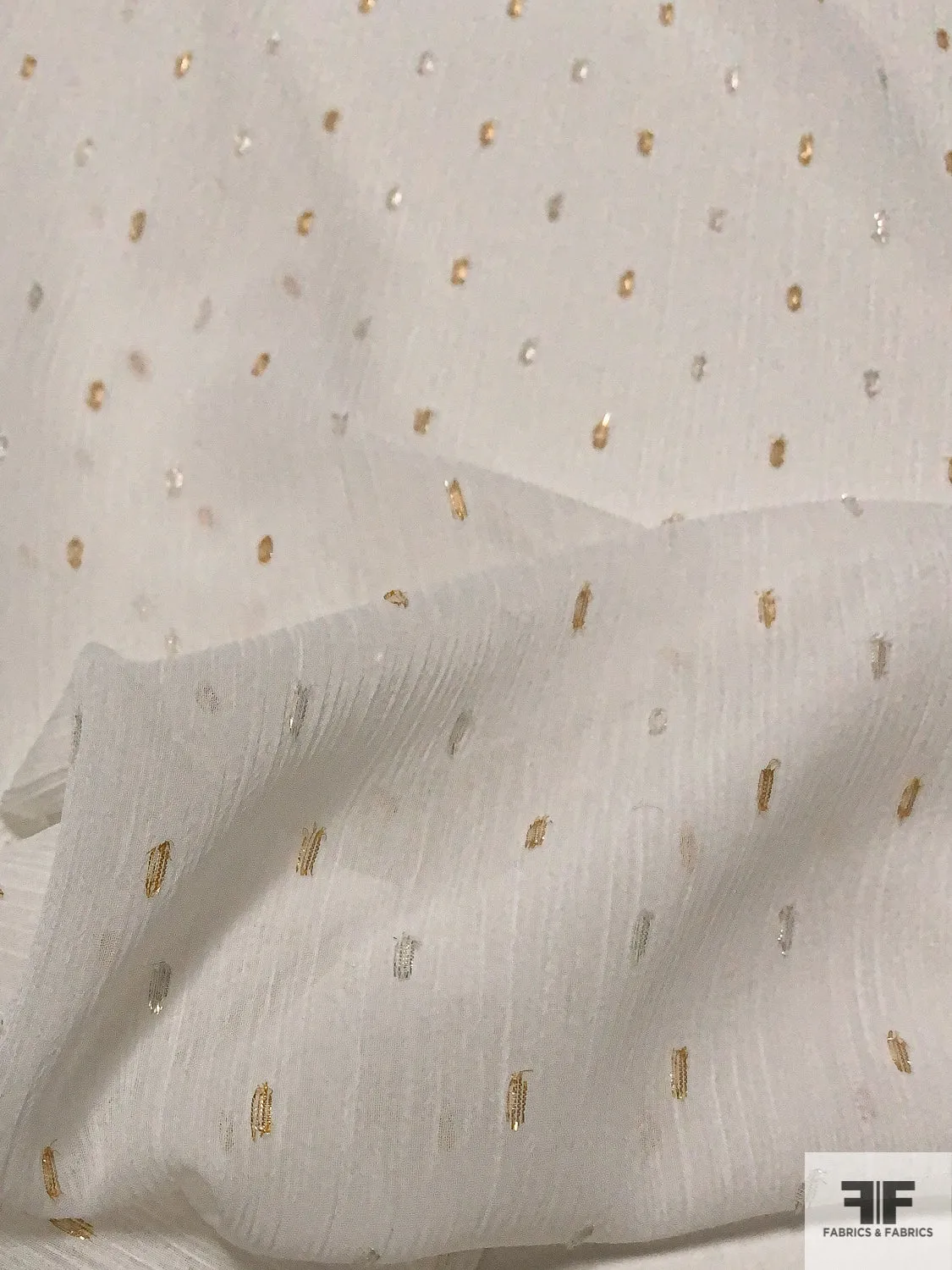 Ditsy Lurex Specks Clip Crinkled Polyester Chiffon - Ivory / Silver / Gold