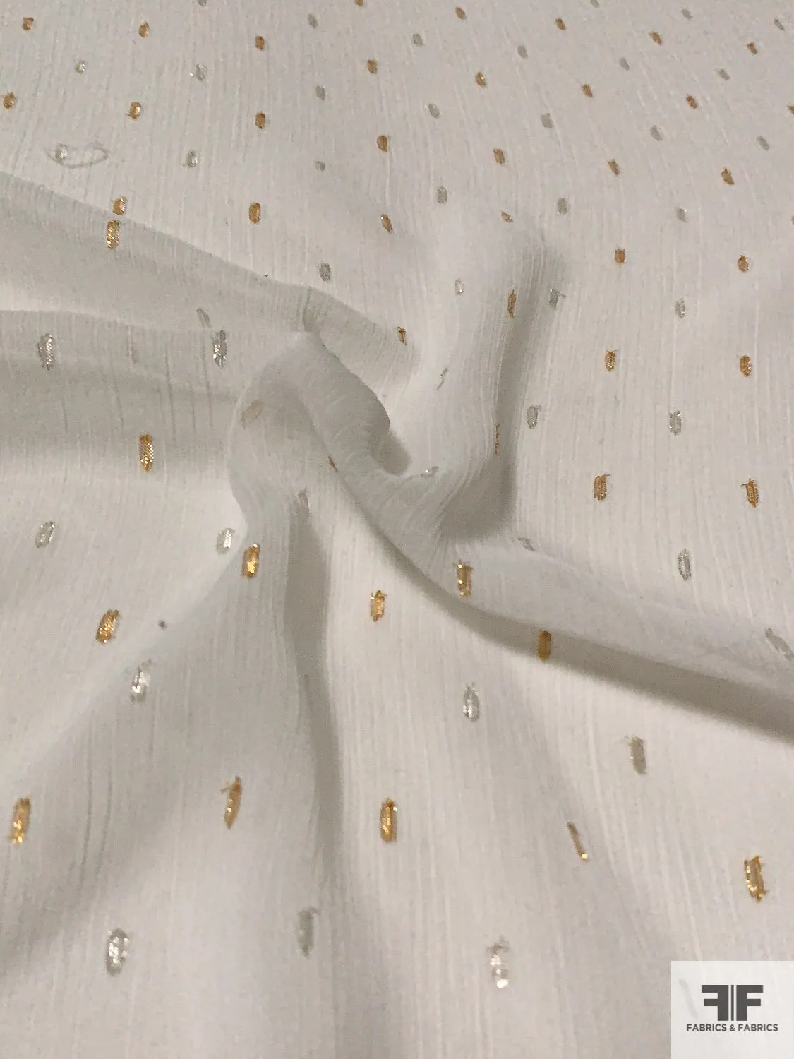 Ditsy Lurex Specks Clip Crinkled Polyester Chiffon - Ivory / Silver / Gold