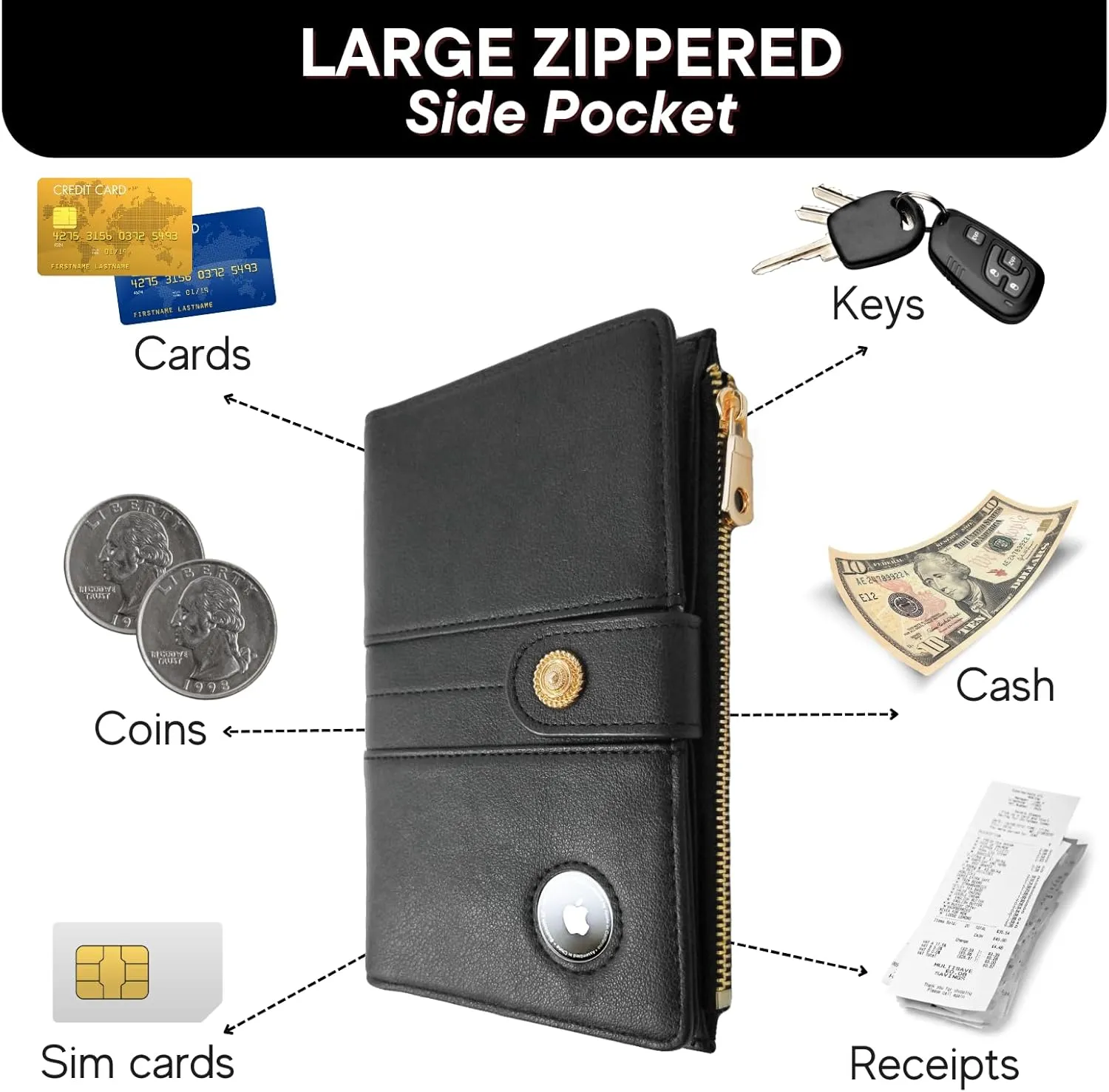 elzama Women's RFID Blocking Passport Wallet, Black with Airtag Holder, Includes Keychain & Pen Holder, Zippered, 11 Pockets, Faux Leather, Slim