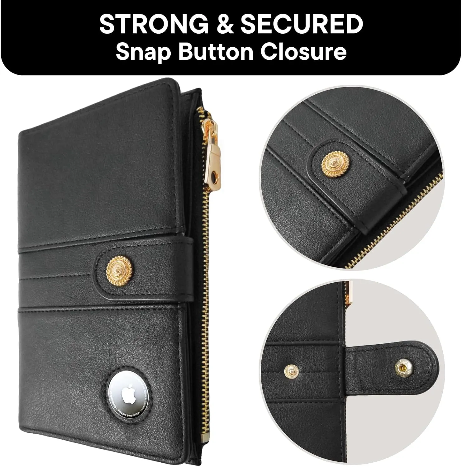 elzama Women's RFID Blocking Passport Wallet, Black with Airtag Holder, Includes Keychain & Pen Holder, Zippered, 11 Pockets, Faux Leather, Slim