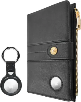 elzama Women's RFID Blocking Passport Wallet, Black with Airtag Holder, Includes Keychain & Pen Holder, Zippered, 11 Pockets, Faux Leather, Slim