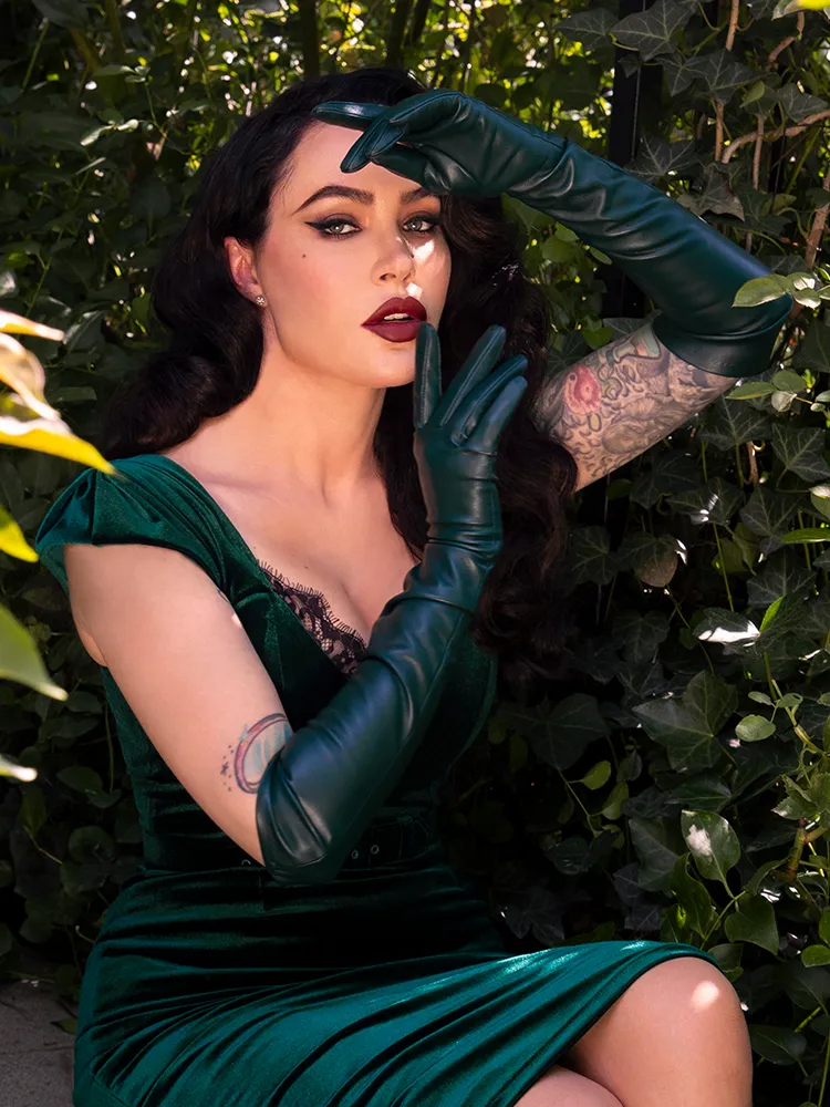 Faux Leather Opera Gloves in Hunter Green
