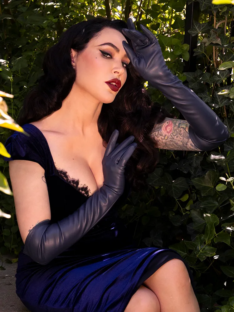 Faux Leather Opera Gloves in Navy