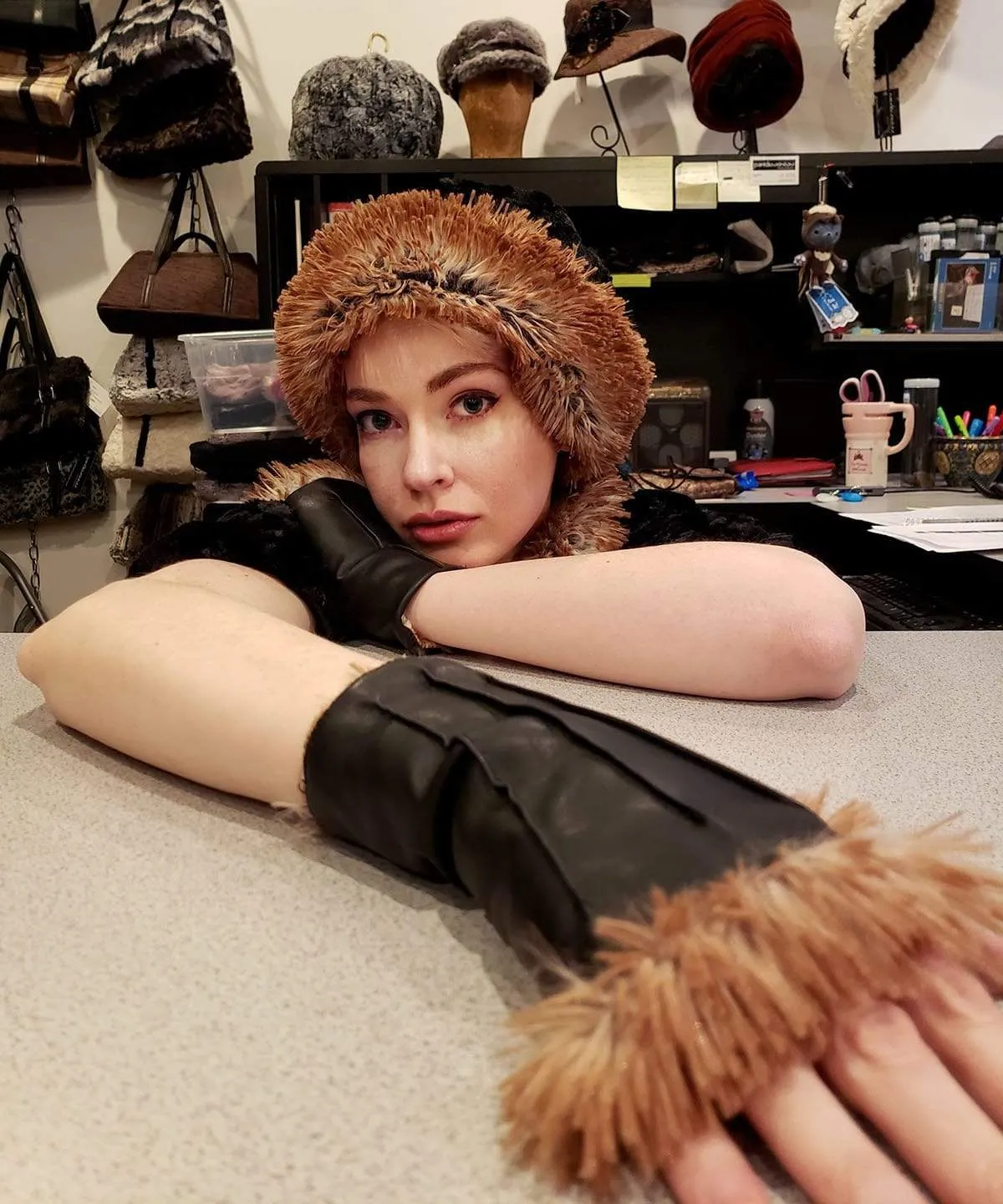Fingerless Gloves - Vegan Black Leather lined in Fox Faux Fur (SOLD OUT)