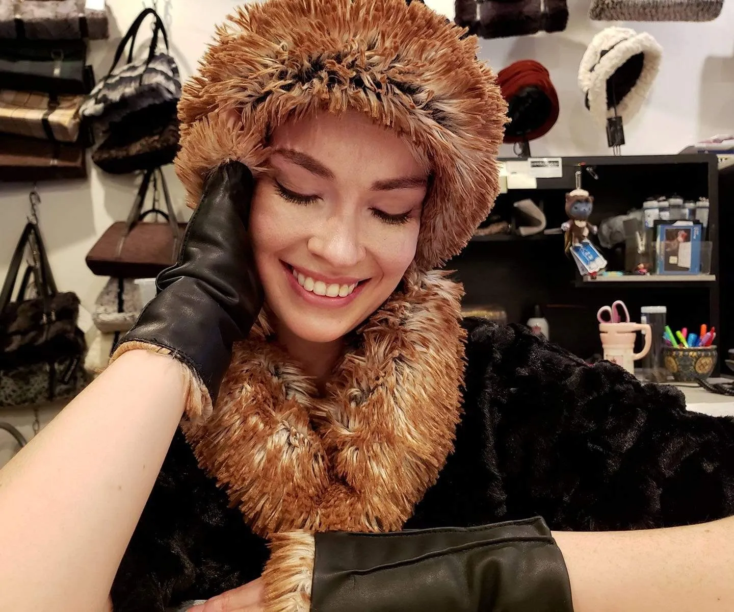Fingerless Gloves - Vegan Black Leather lined in Fox Faux Fur (SOLD OUT)
