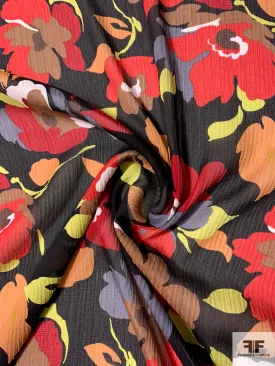 Floral Graphic Printed Crinkled and Textured Silk Chiffon - Red / Black / Grey / Tan