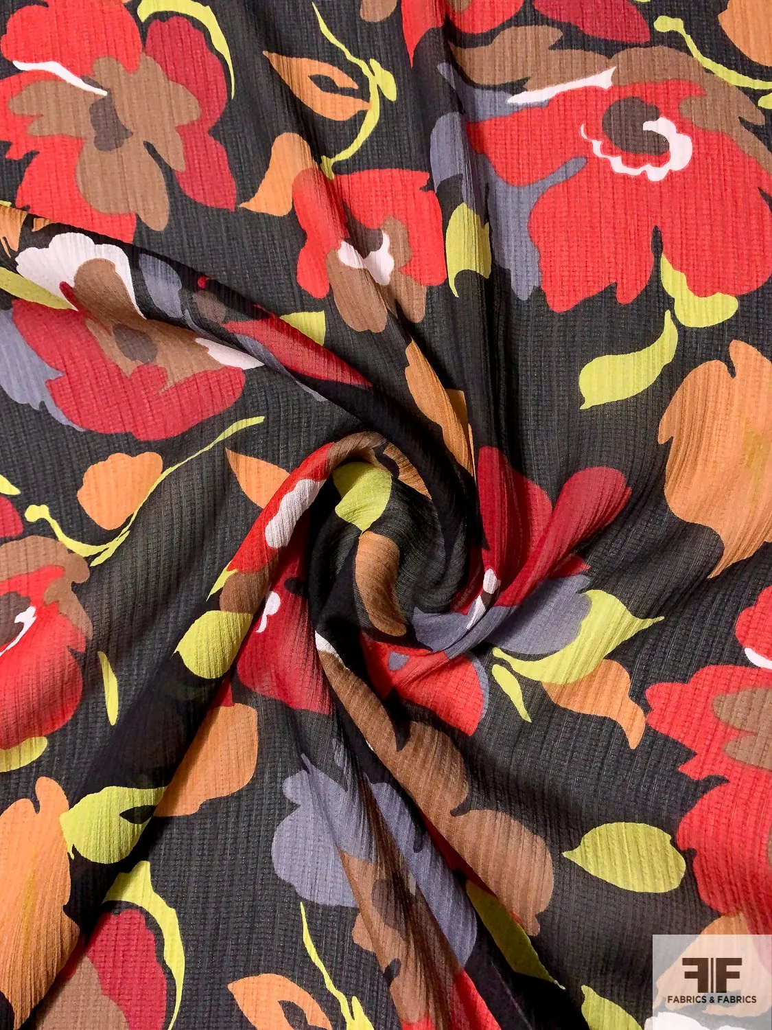 Floral Graphic Printed Crinkled and Textured Silk Chiffon - Red / Black / Grey / Tan