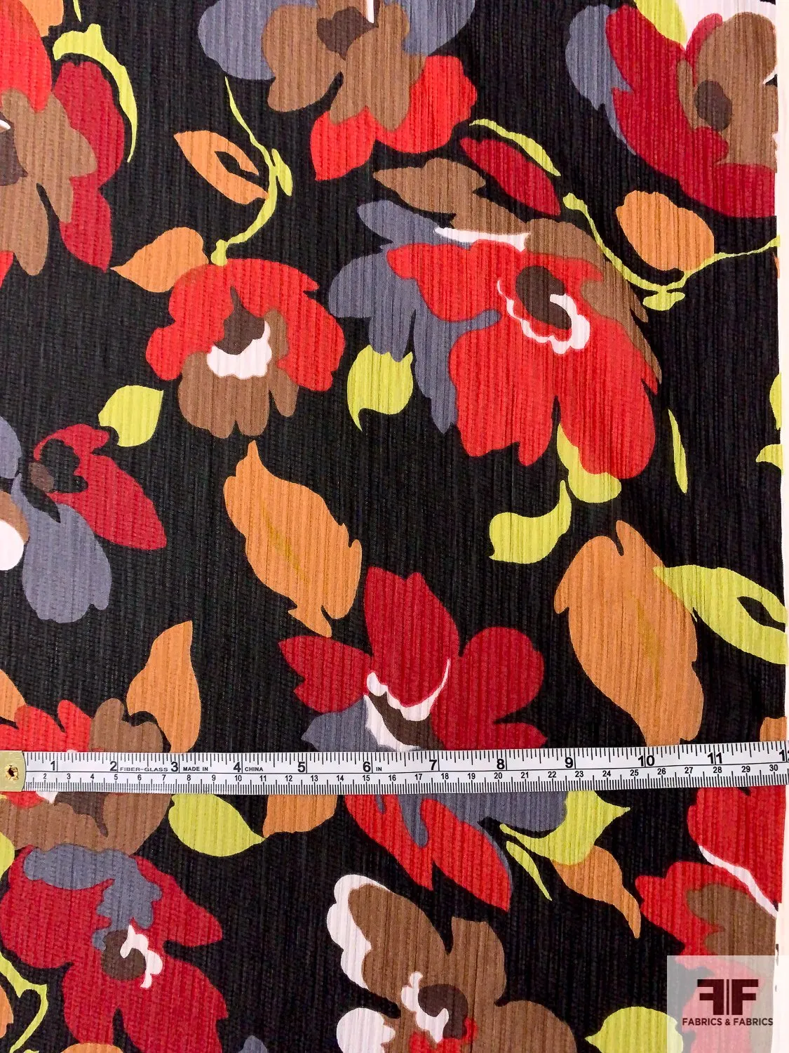 Floral Graphic Printed Crinkled and Textured Silk Chiffon - Red / Black / Grey / Tan