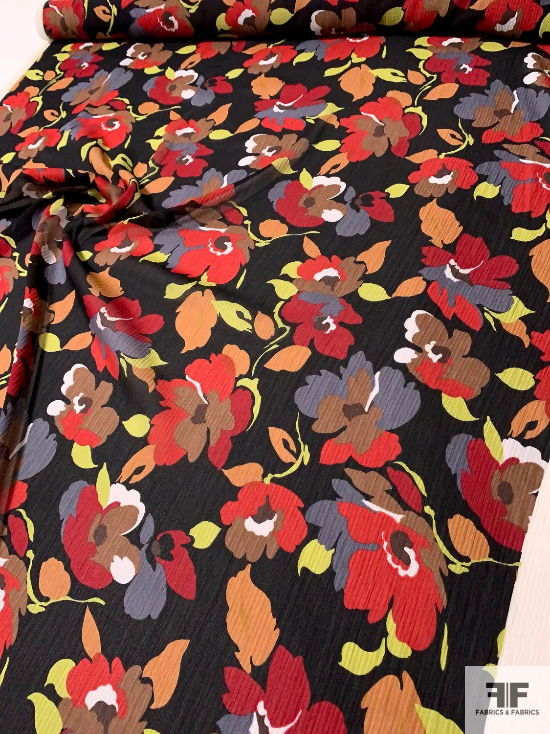 Floral Graphic Printed Crinkled and Textured Silk Chiffon - Red / Black / Grey / Tan