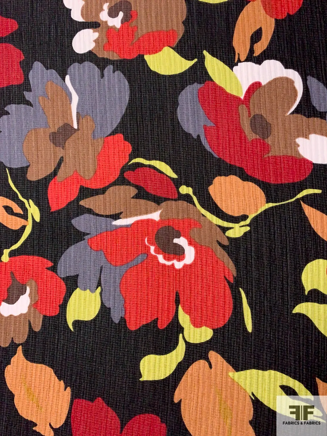 Floral Graphic Printed Crinkled and Textured Silk Chiffon - Red / Black / Grey / Tan