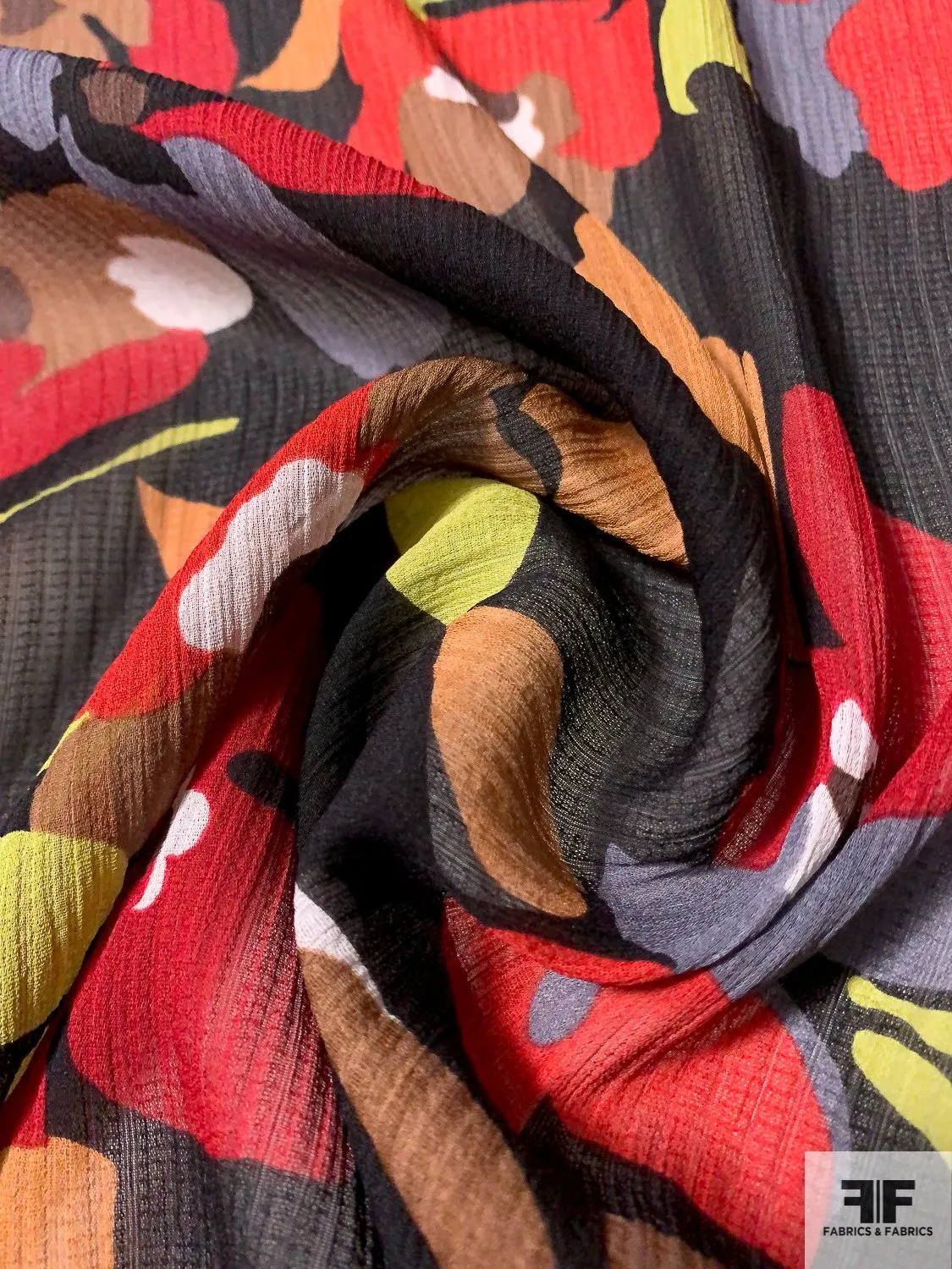 Floral Graphic Printed Crinkled and Textured Silk Chiffon - Red / Black / Grey / Tan