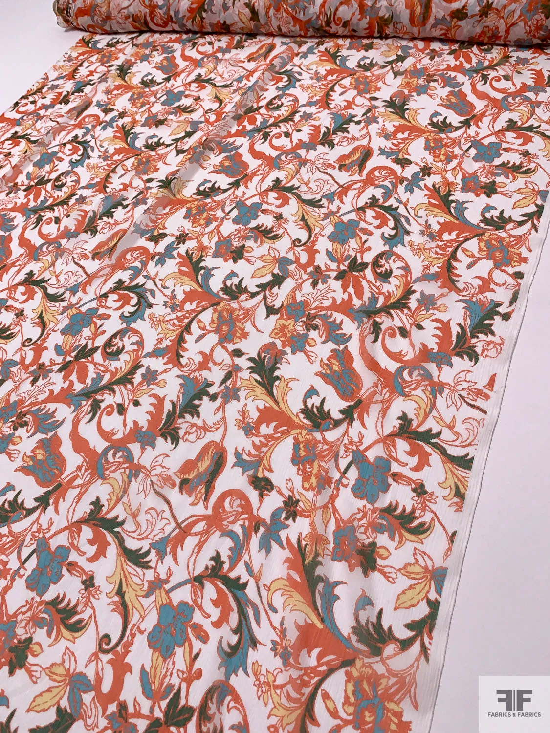 Floral Vine Printed Crinkled Silk Chiffon - Orange / Turquoise Blue / Green / White