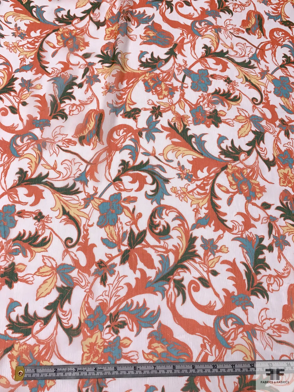 Floral Vine Printed Crinkled Silk Chiffon - Orange / Turquoise Blue / Green / White